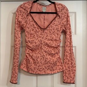 Maeve by Anthropologie Bow Print Rushed Long Sleeve V-Neck Size M